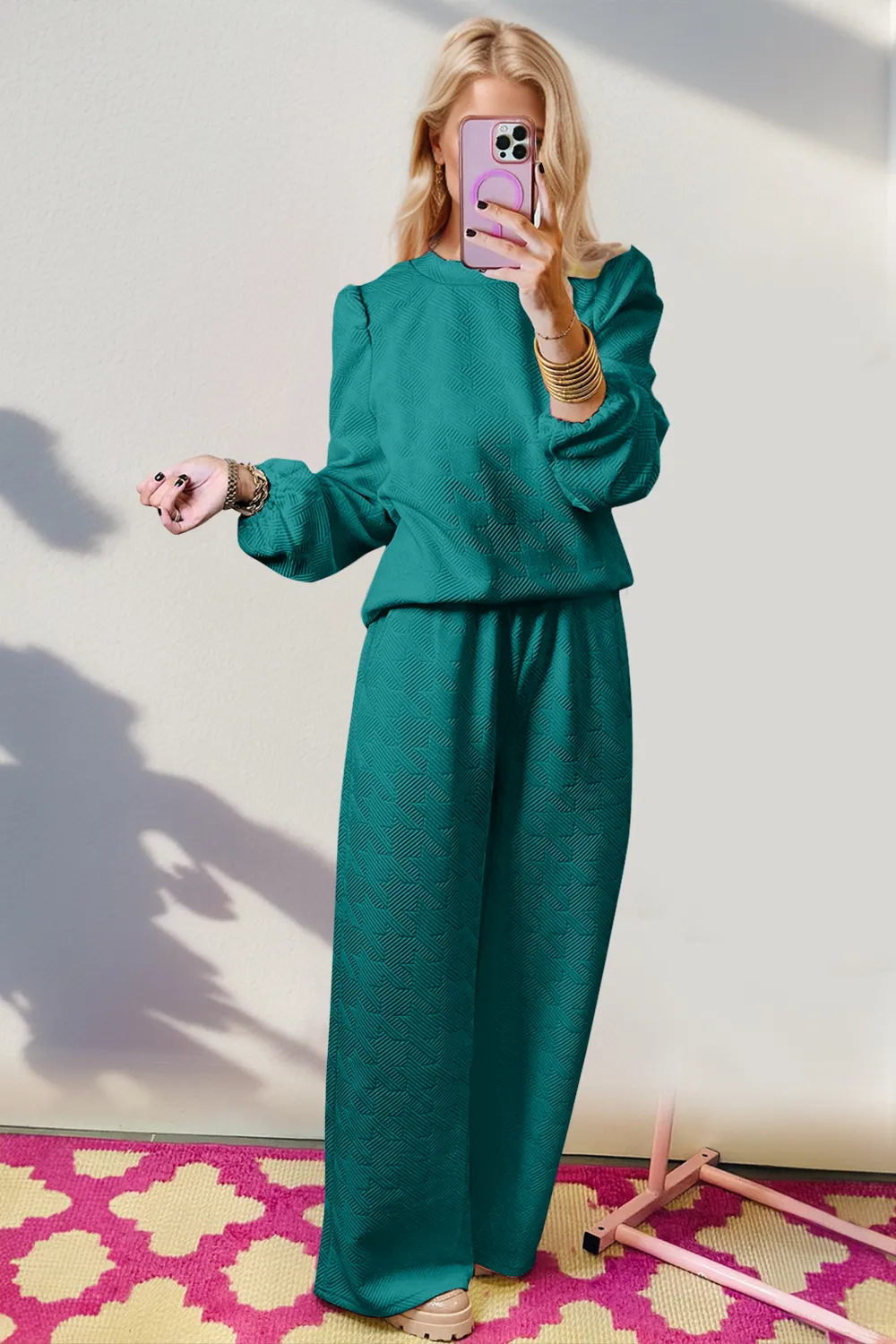 Texture Long Sleeve Top and Wide Leg Pants Set, image 3