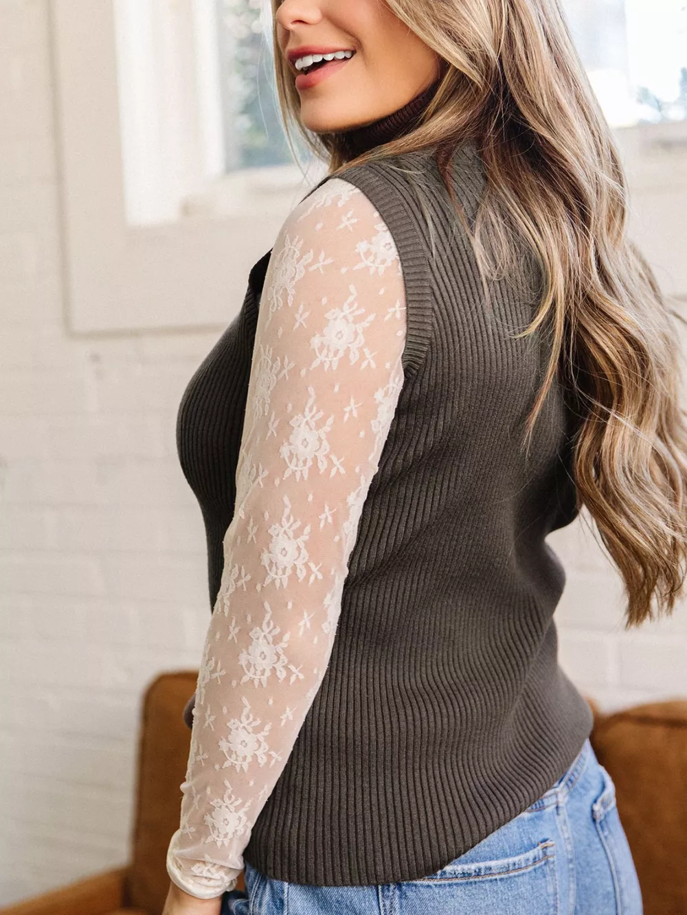 Ribbed Knit High Neck Sleeveless Waist Slim Fit Sweater Vest, image 3