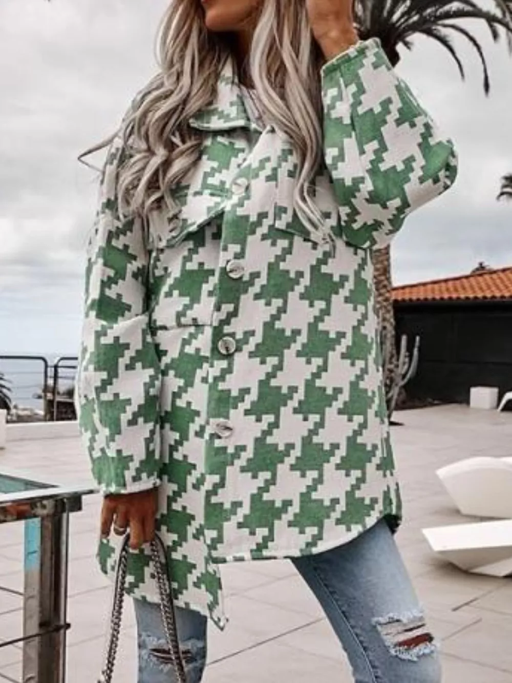 Houndstooth Button Up Long Sleeve Outerwear, image 10