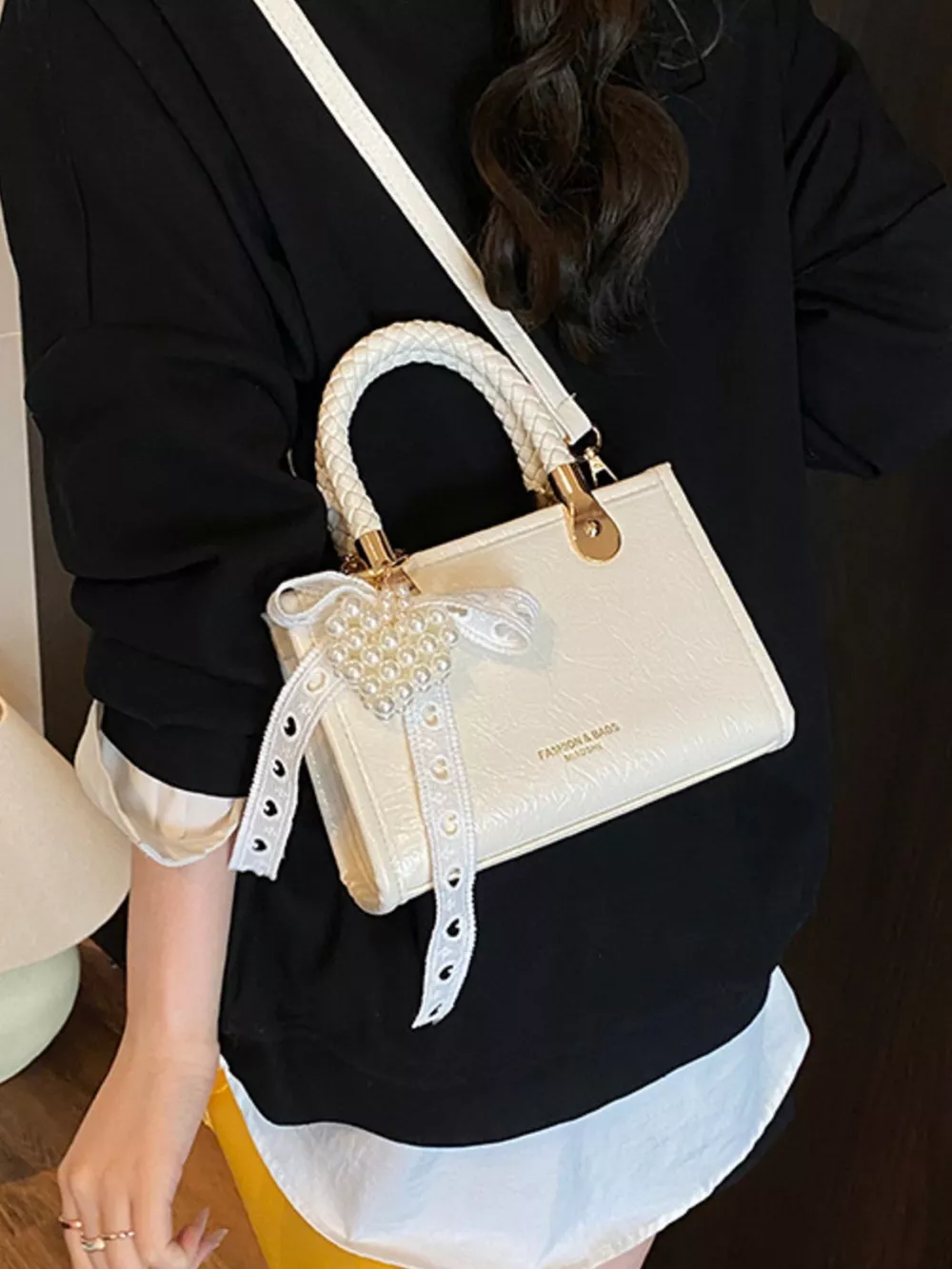 Braided Handle Pearl Decor Crossbody Bag, image 6