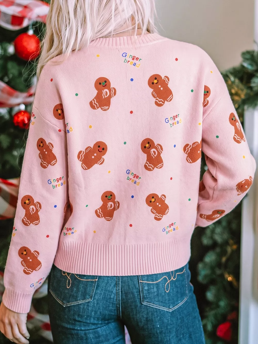 Gingerbread Pattern Long Sleeve Round Neck Sweater, image 2