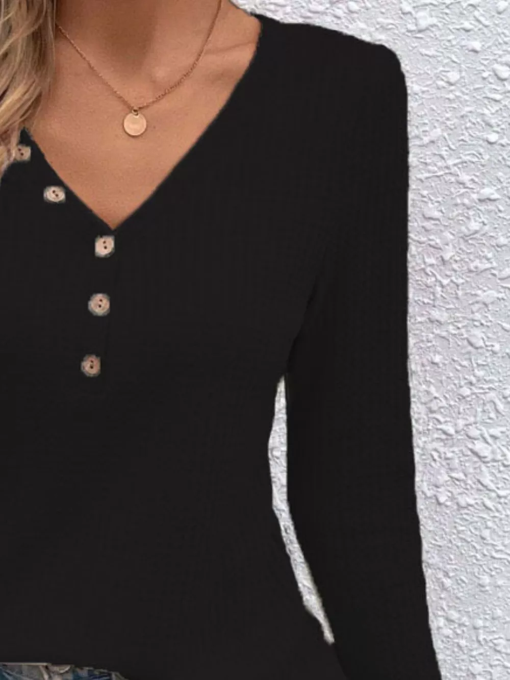 Waffle Knit Button-Detail V-Neck T-Shirt, image 9