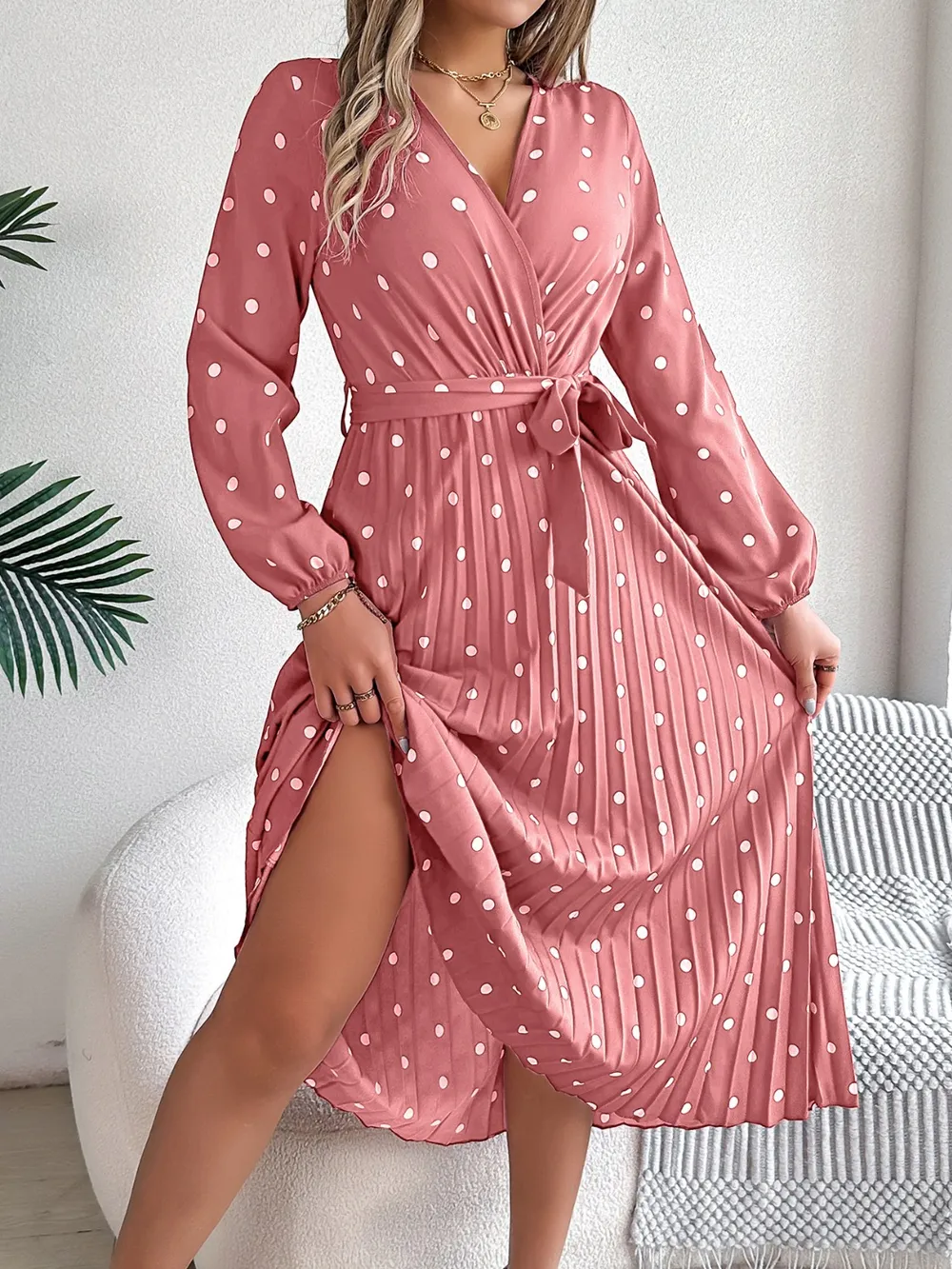 Tied Polka Dot Long Sleeve Midi Dress, image 2