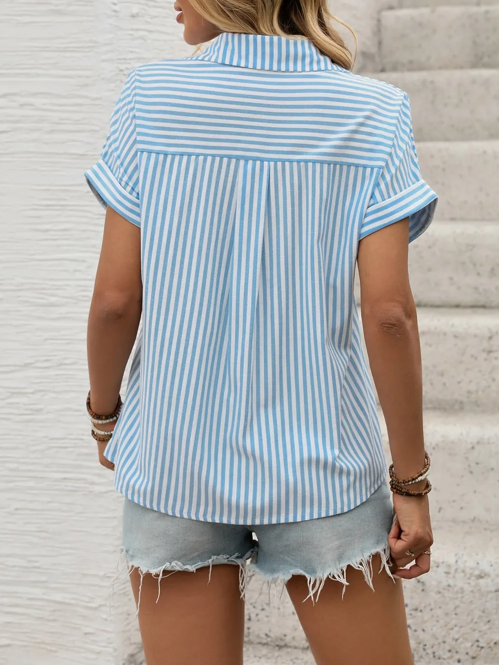 Striped Collared Neck Short Sleeve Shirt, image 4