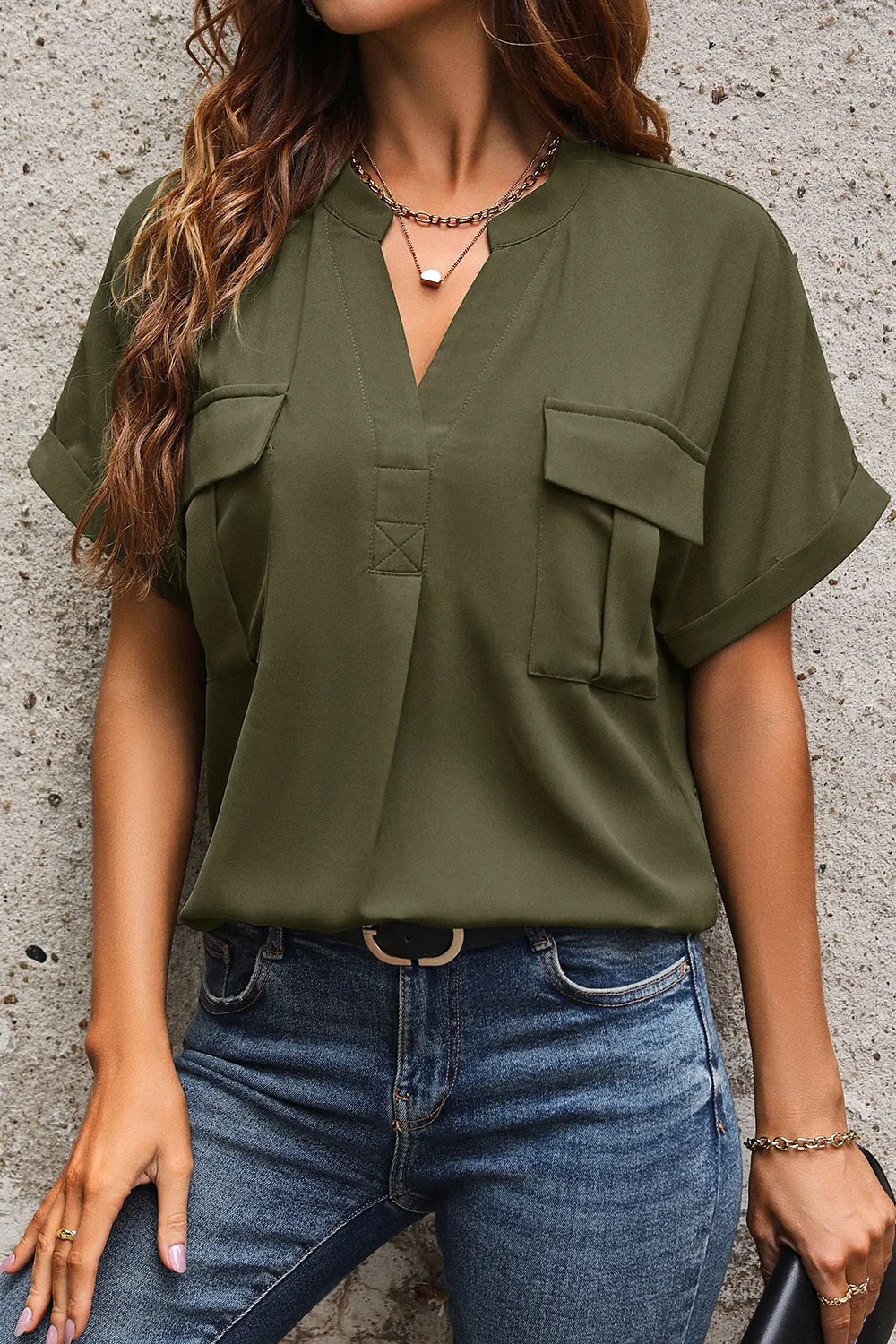 Pocketed Notched Short Sleeve Blouse, image 5