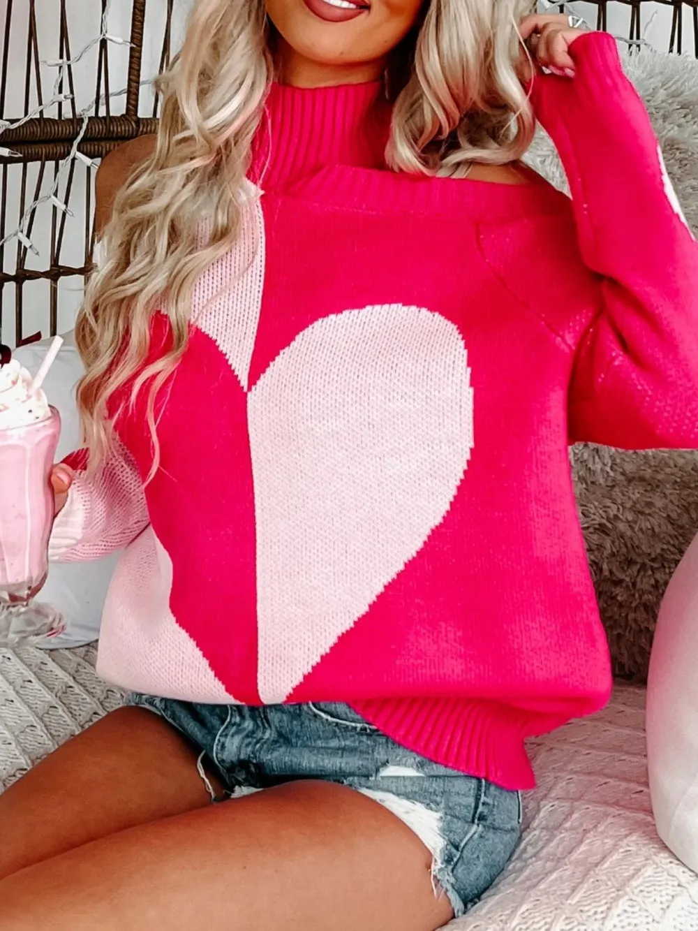 Valentine's Day Heart Turtleneck Cold Shoulder Sweater, image 3