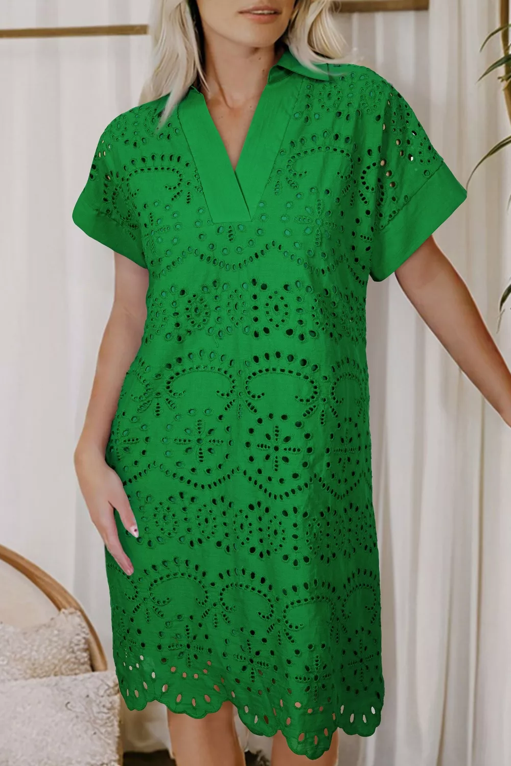 Eyelet Collared Neck Short Sleeve Dress, image 3