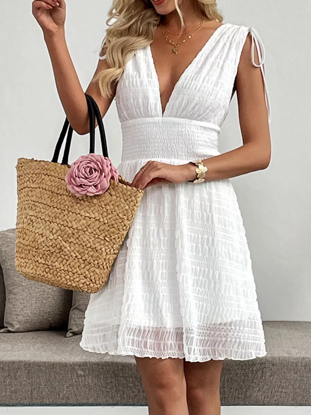 Smocked Deep V-Neck Sleeveless Dress, image 2