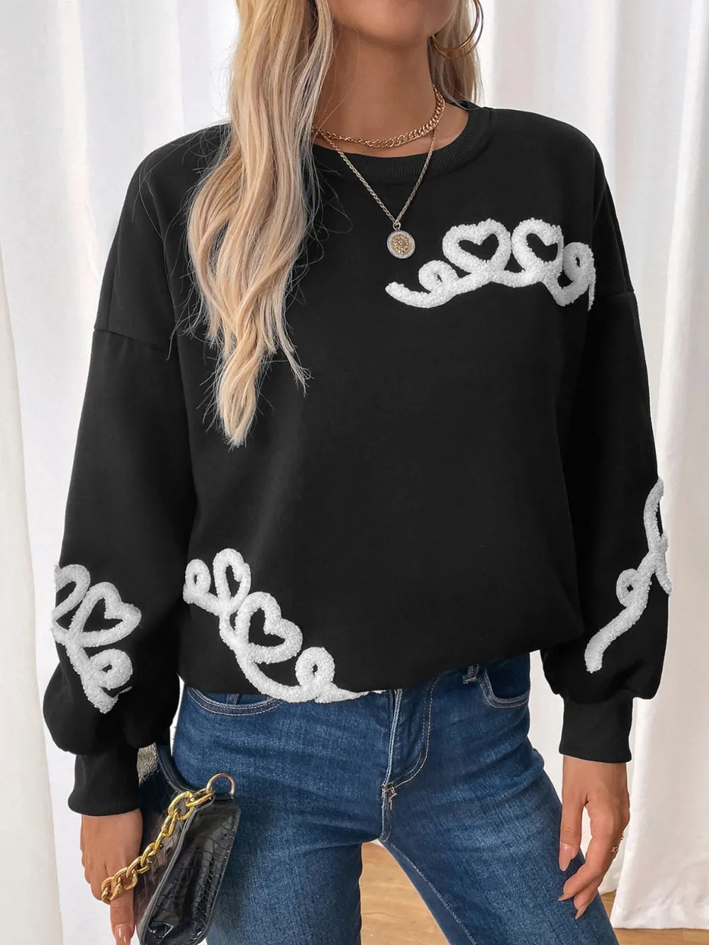 Heart Round Neck Long Sleeve Sweater, image 6