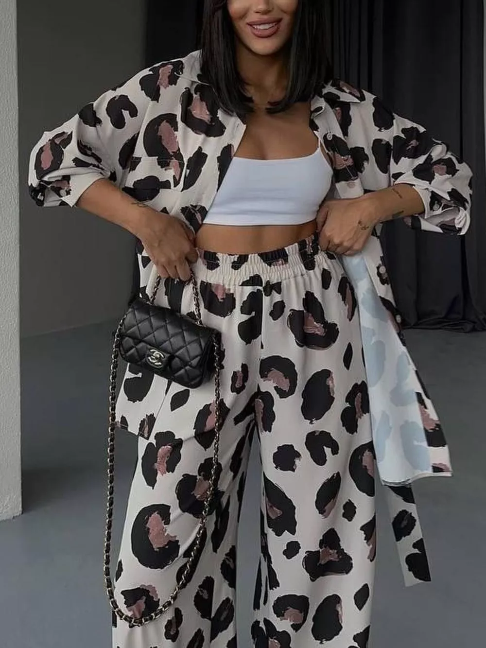 Leopard Print Relaxed Fit Shirt and Pants Two-Piece Set, image 3