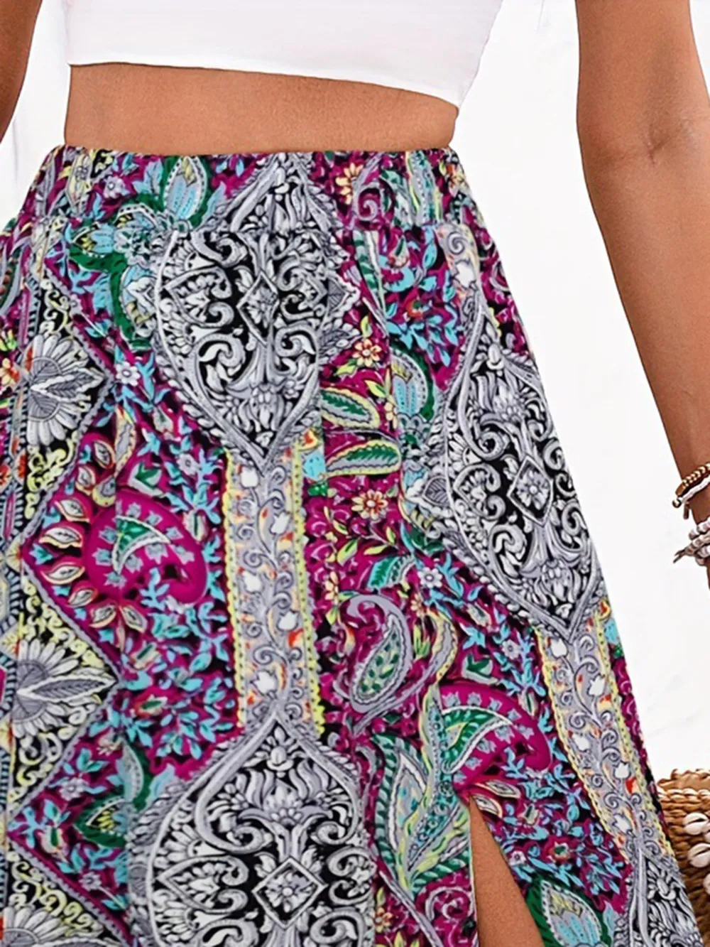 Slit Printed Elastic Waist Skirt, image 6