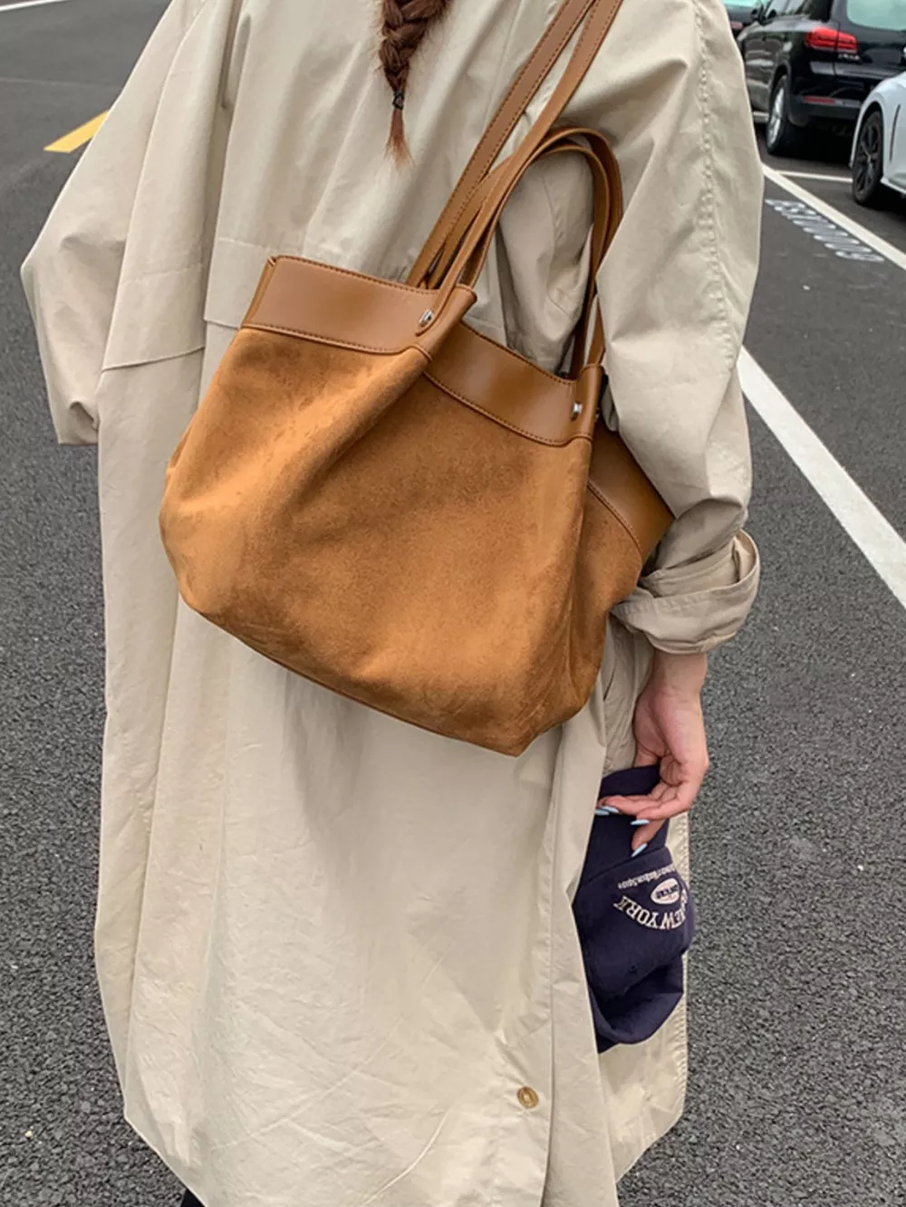 Suede and Leather Trim Shoulder Bag, image 5