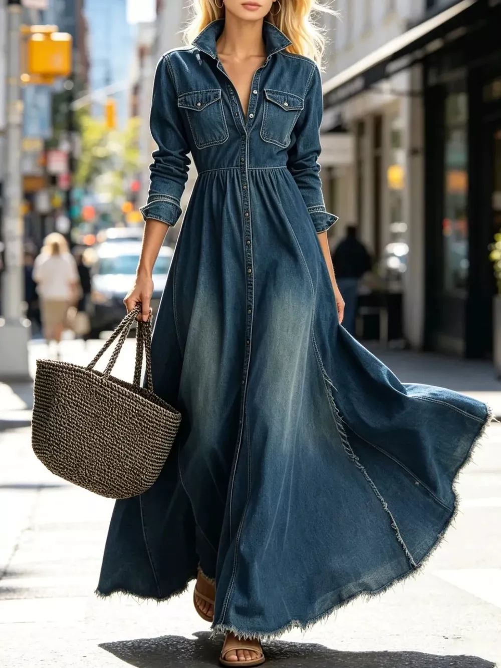 Raw Hem Long-Sleeve Denim Maxi Dress