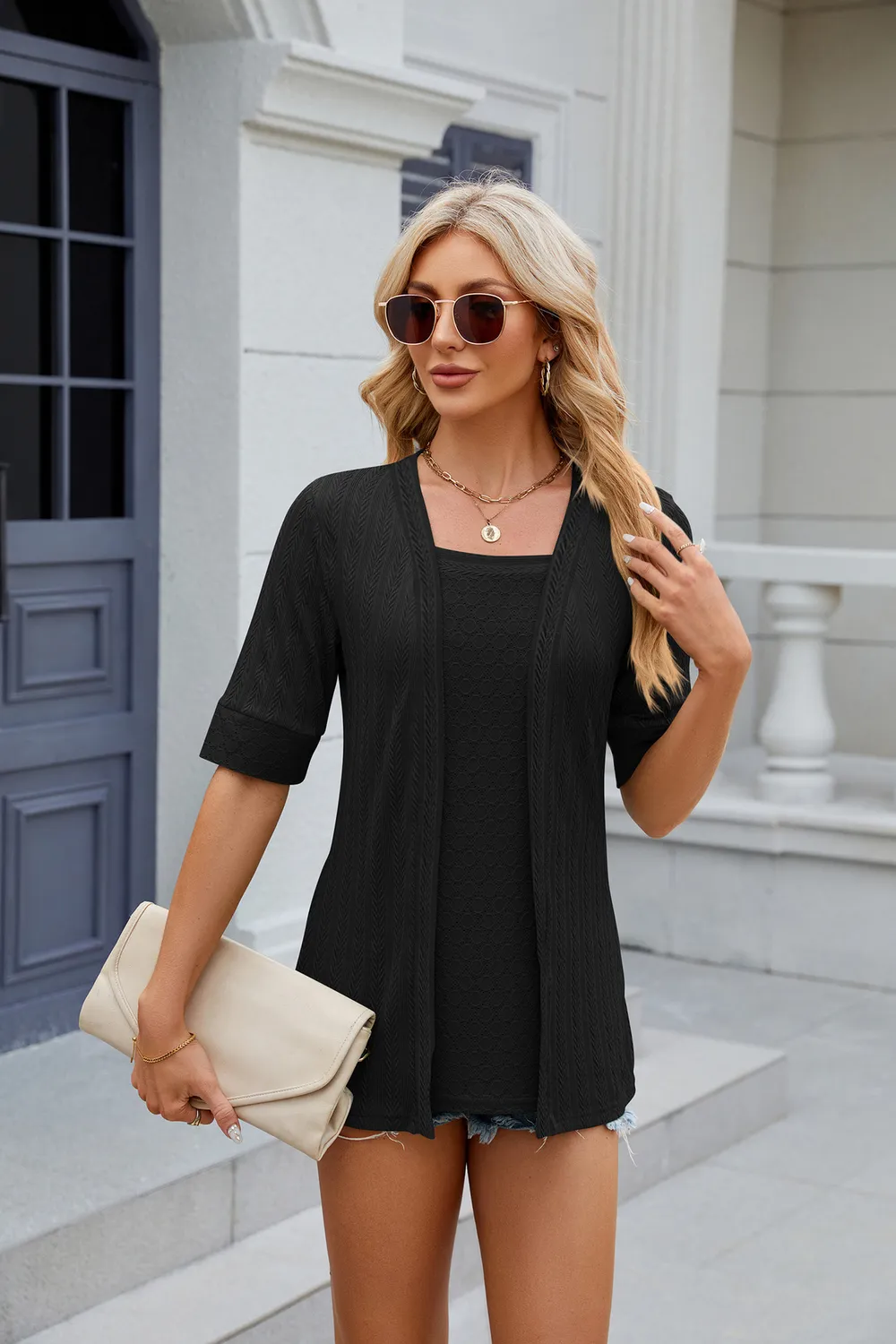 Texture Square Neck Short Sleeve Blouse, image 11