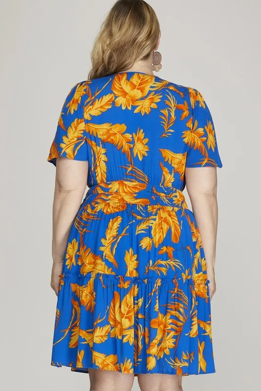 Full Size Printed Notched Short Sleeve Frill Tiered Dress Plus Size, image 4