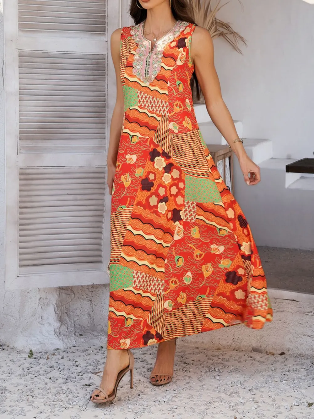 Printed Sleeveless Maxi Dress, image 3