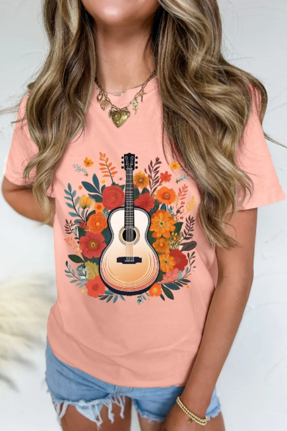 Guitar Flower Print Crew Neck Loose T Shirt, image 4