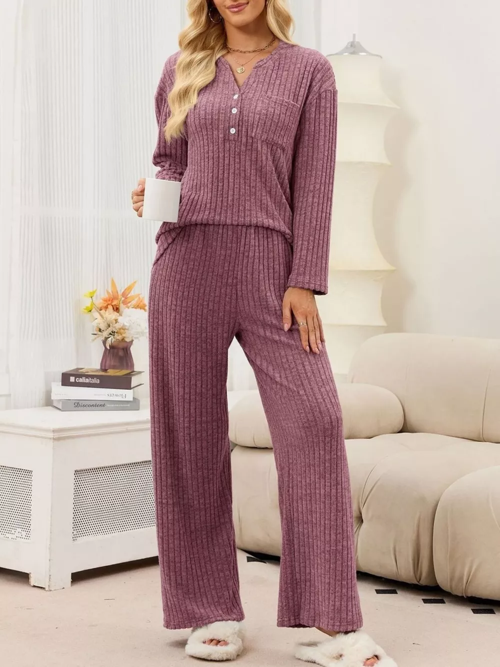 Ribbed Knit Top and Wide-Leg Pants Set, image 21