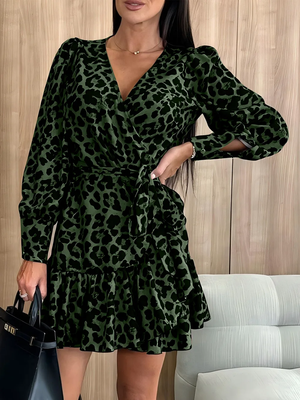 Tied Leopard Surplice Long Sleeve Dress, image 14