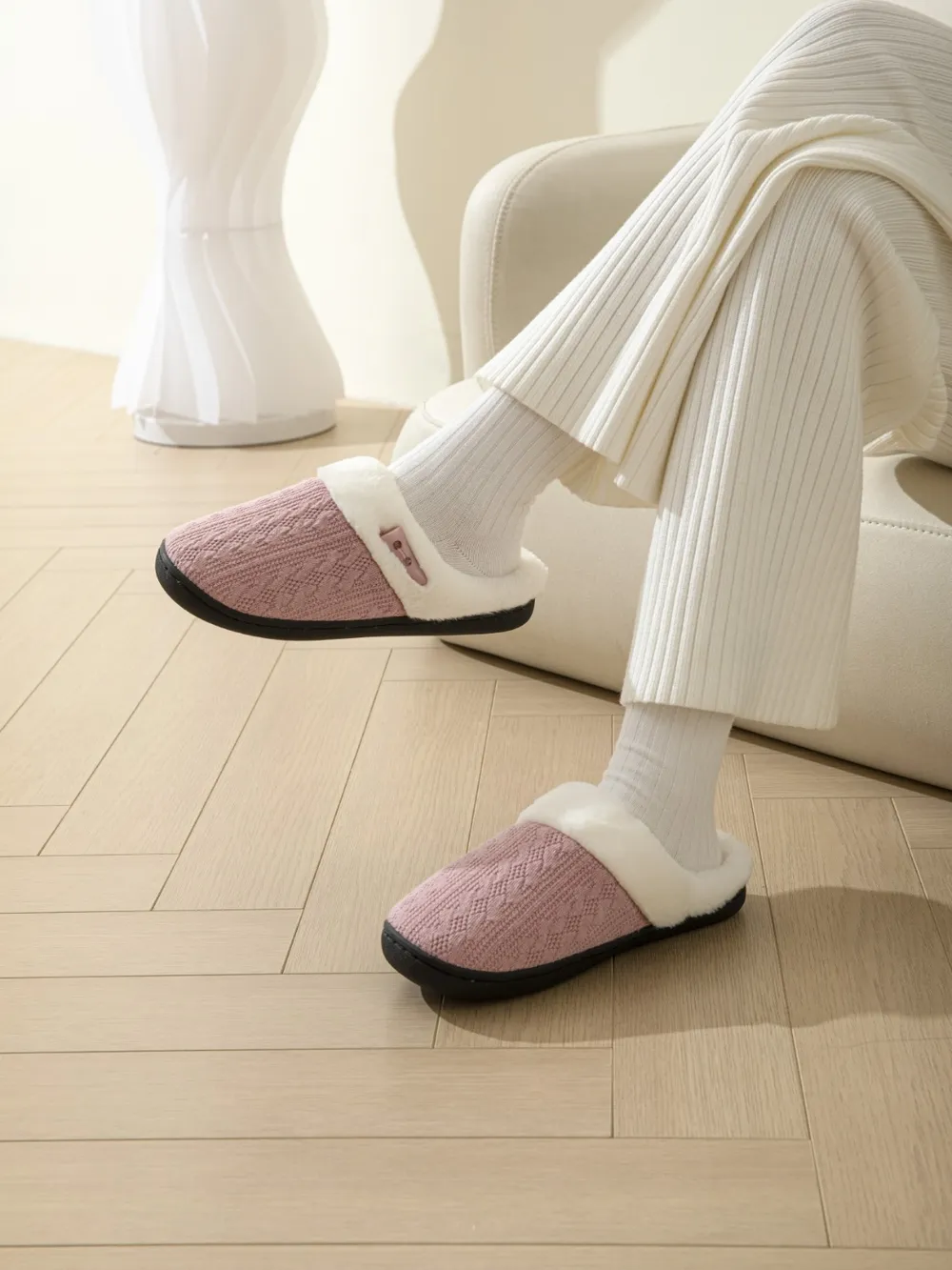 Horn Buckle Furry Texture Flat Slippers, image 17