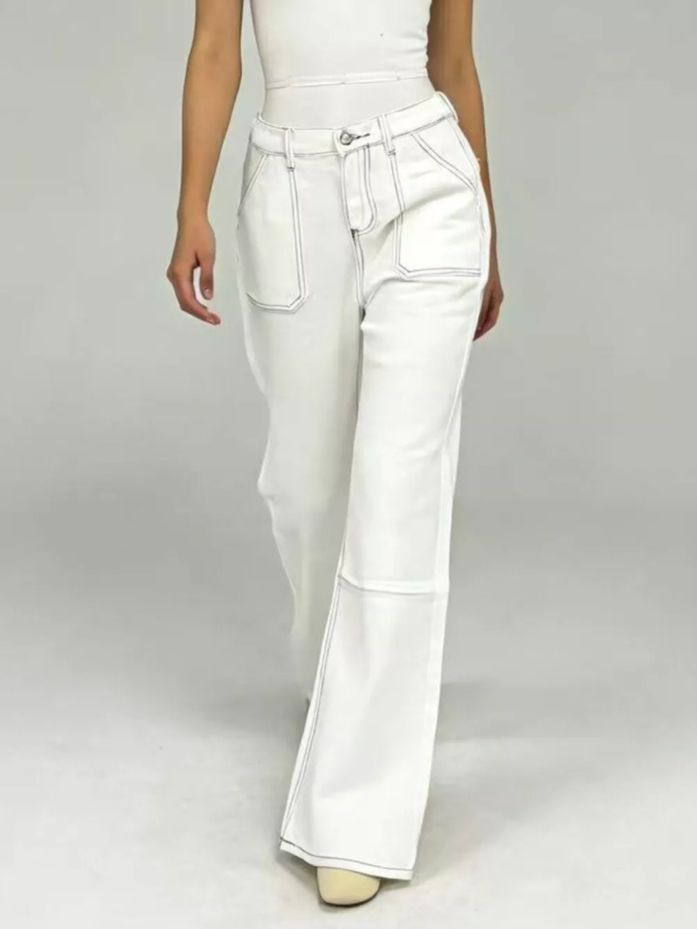 Wide Leg Contrast Stitching Jeans, image 2