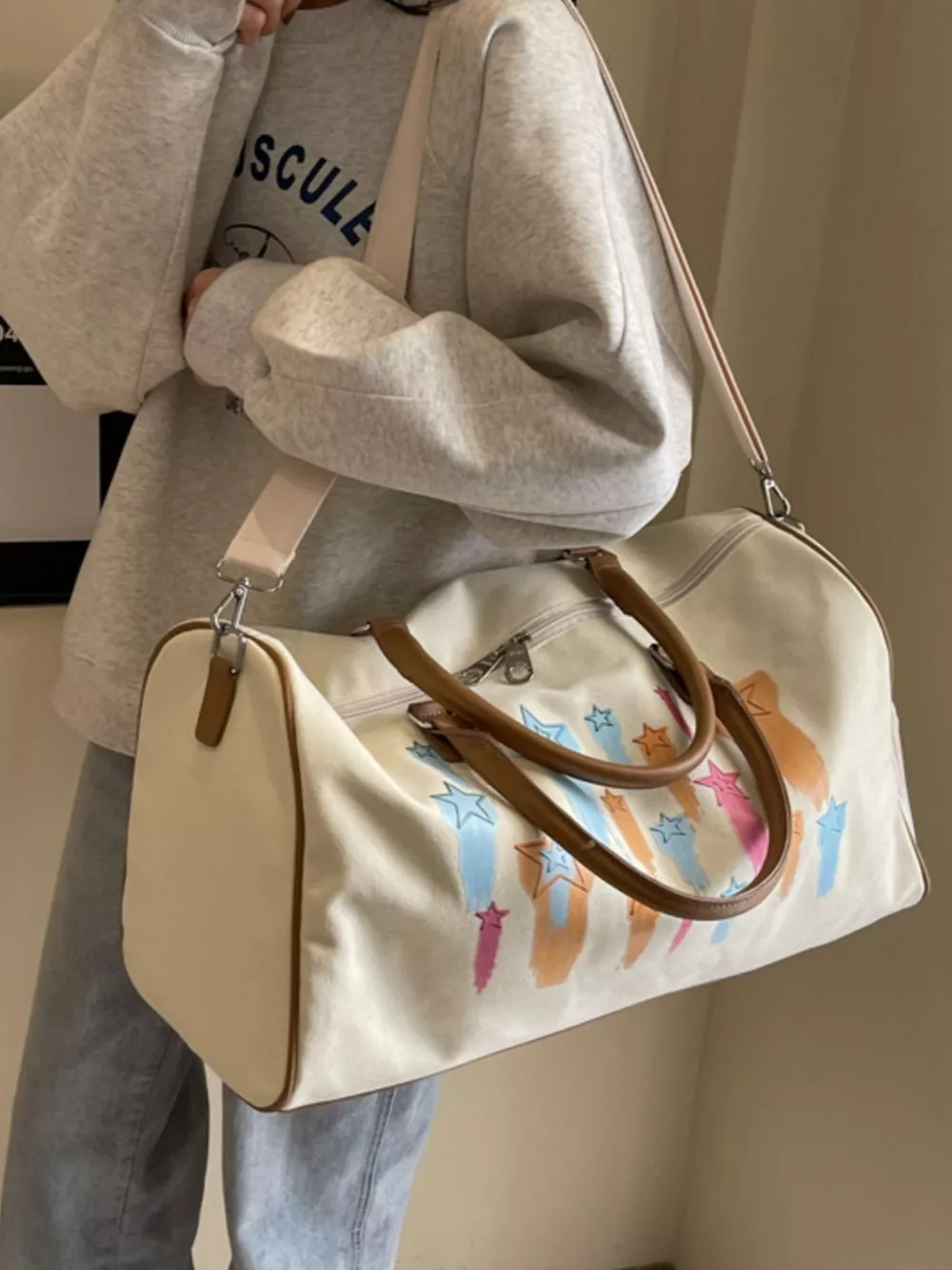 Canvas Duffle Bag with Shooting Star Print, image 6