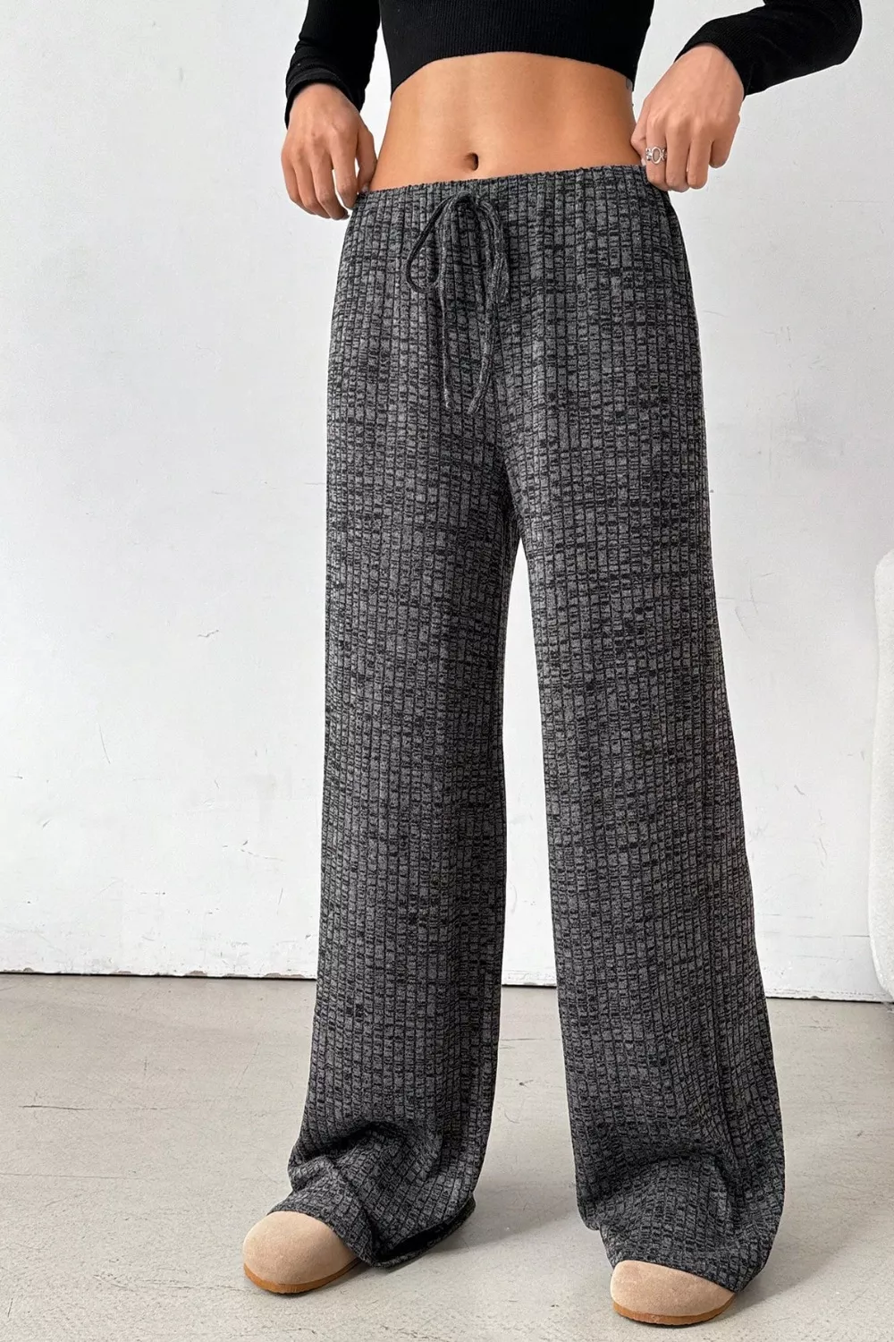 Ribbed Knit Drawstring Wide Leg Pants, image 10