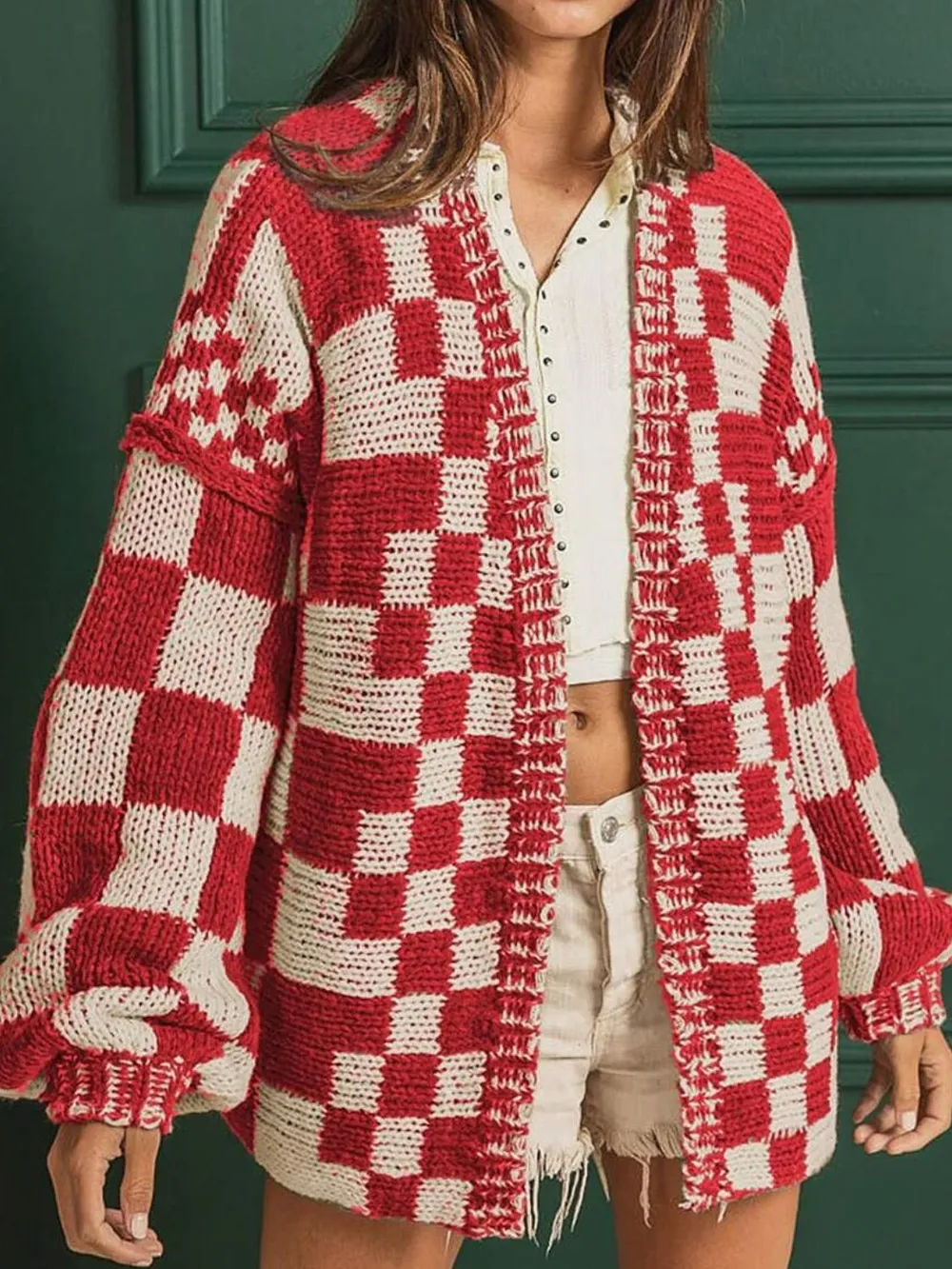 Checkered Open Front Long Sleeve Cardigan, image 14