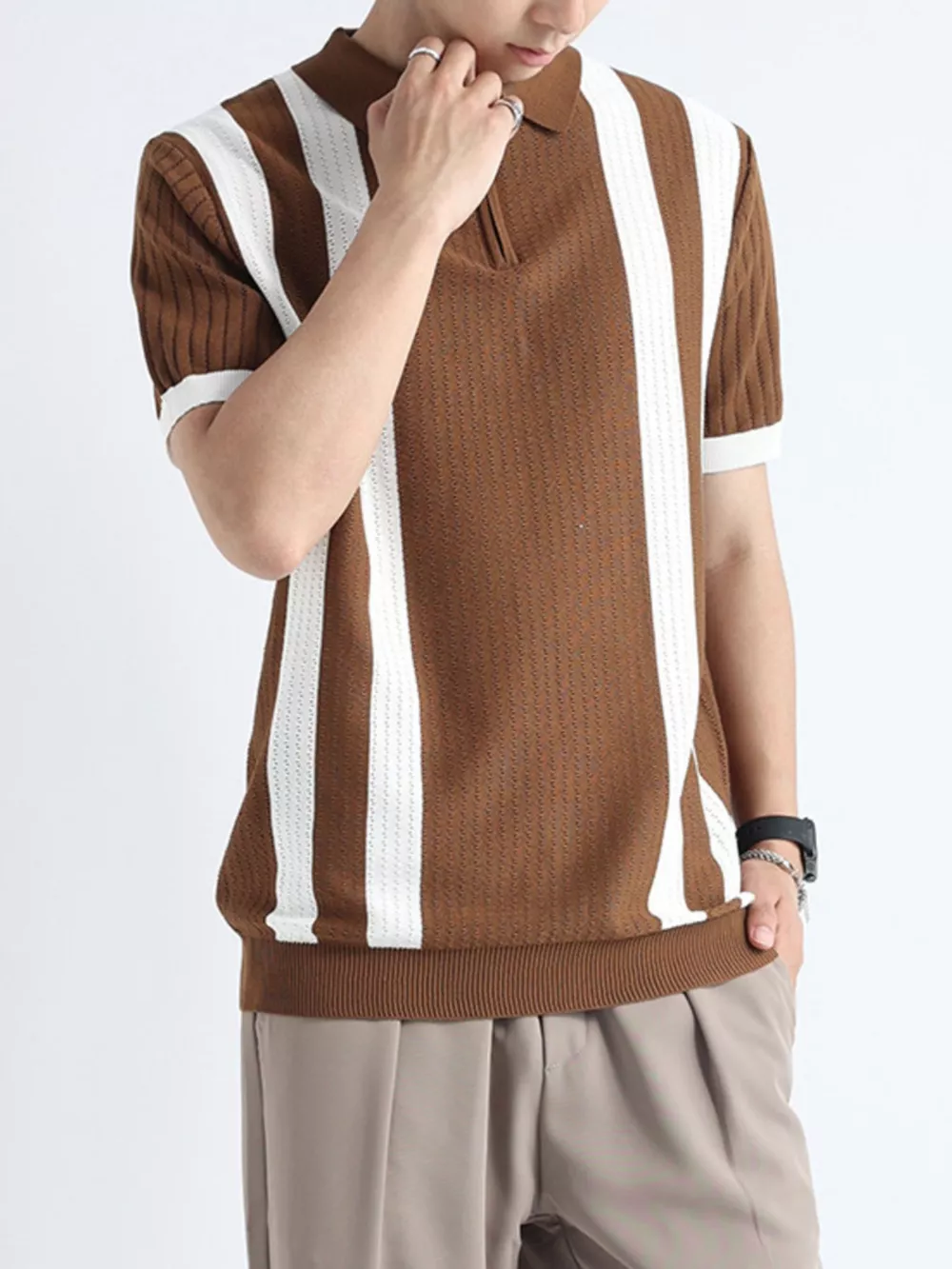 Men's Plus Size Striped Knitted Polo with Zipper, image 5