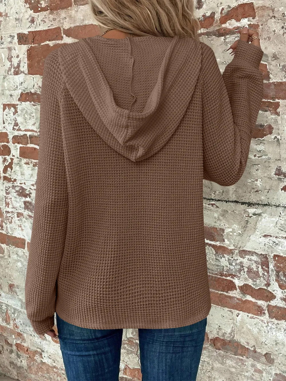 Waffle Knit Long Sleeve Drawstring Hooded Top, image 11