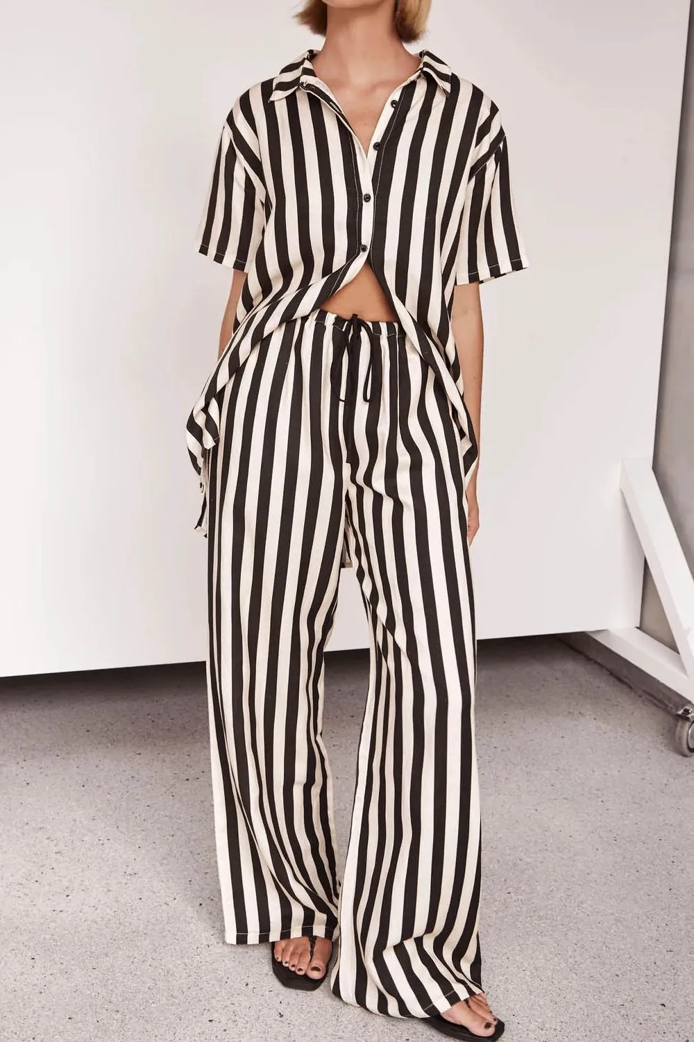 Striped Collared Neck Half Sleeve Top and Pants Set, image 3