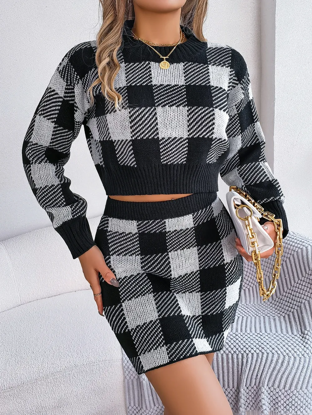 Plaid Round Neck Top and Skirt Sweater Set, image 10