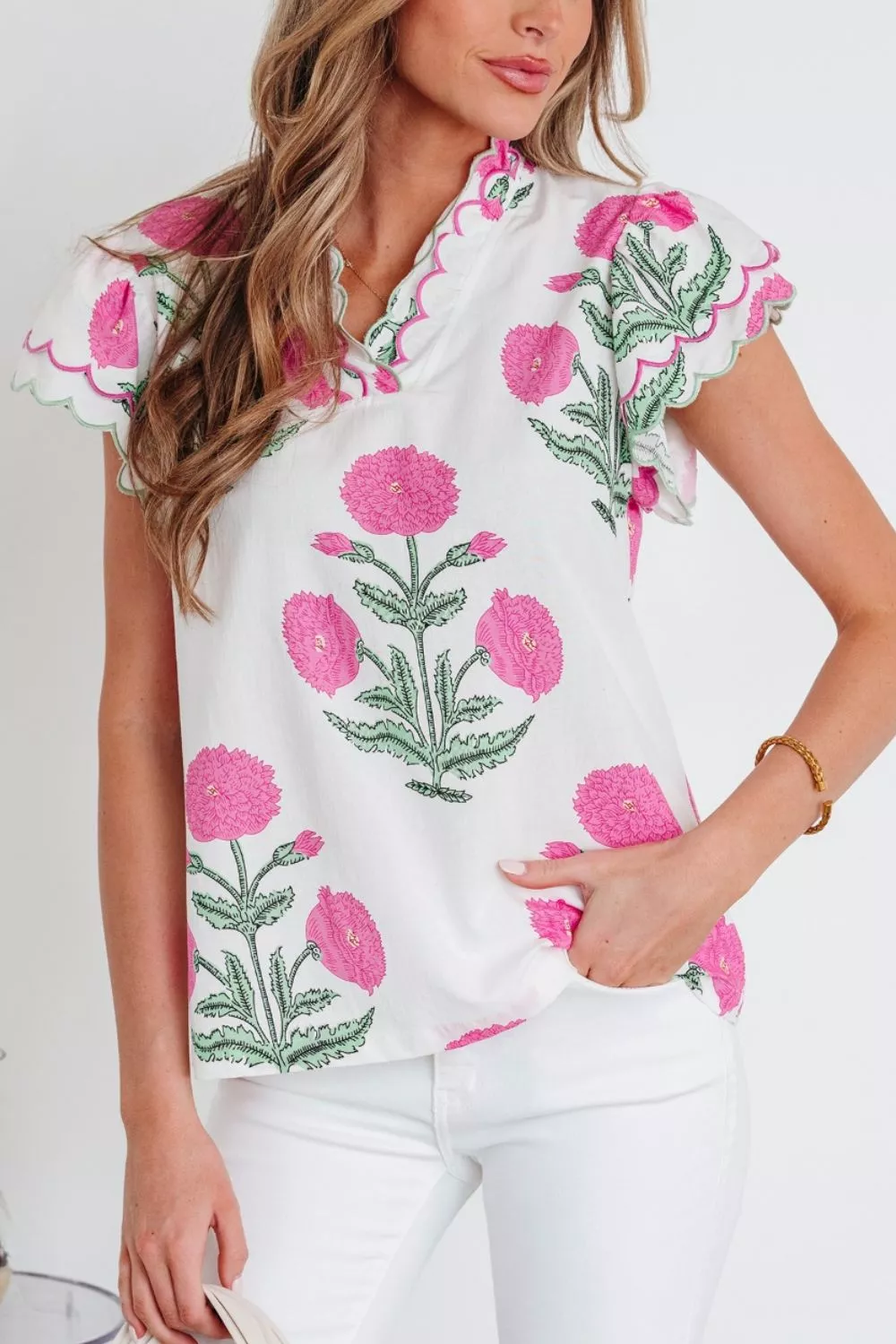 Contrast Scallop Trim Layered Short Sleeve V Neck Blouse, image 3
