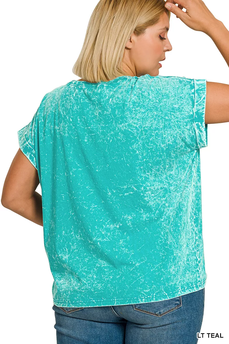 Full Size Crinkle Washed Round Neck Folded Short Sleeve Tee Plus Size, image 2