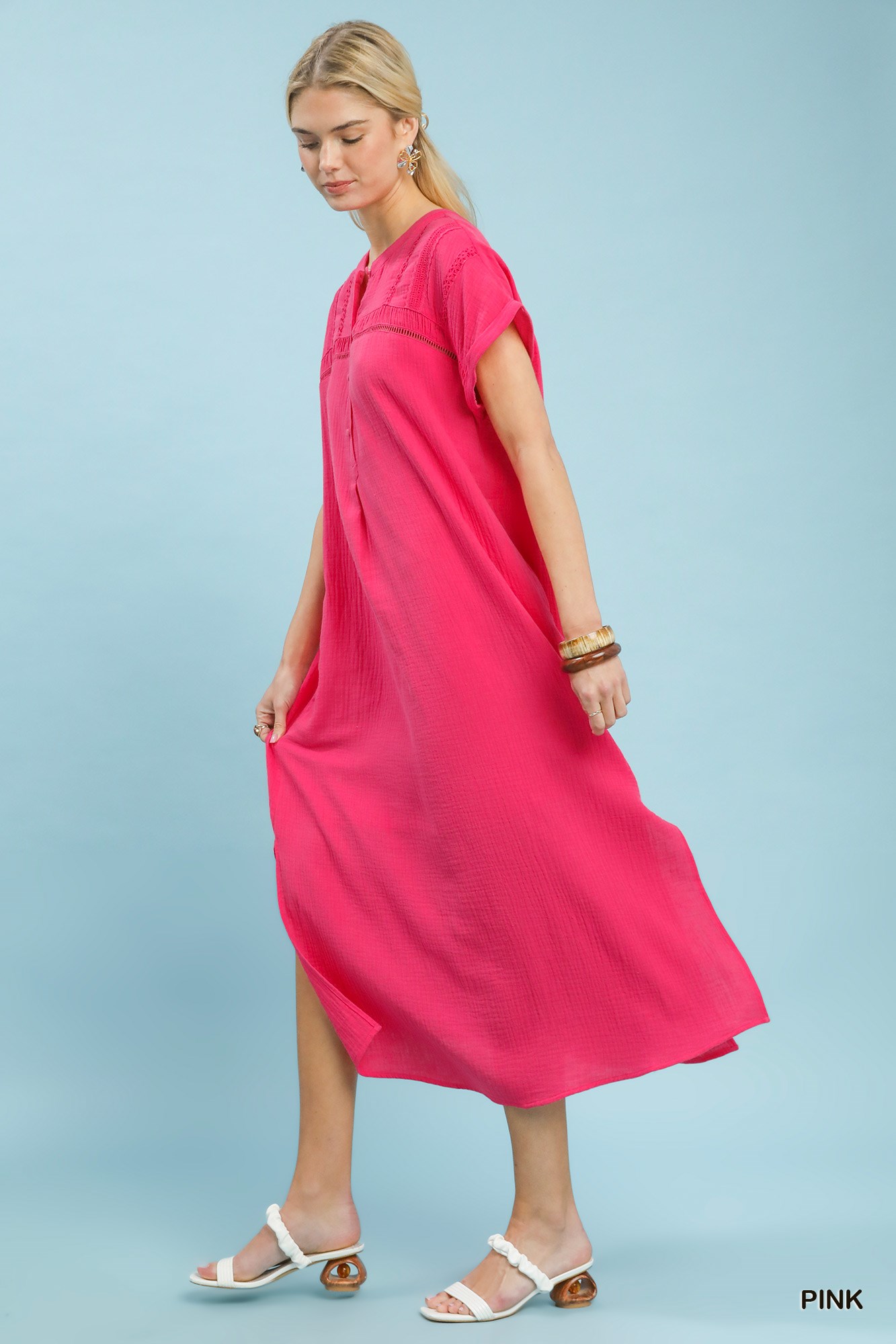 Button-Front Gauze Midi Dress with Lace Detail, image 6