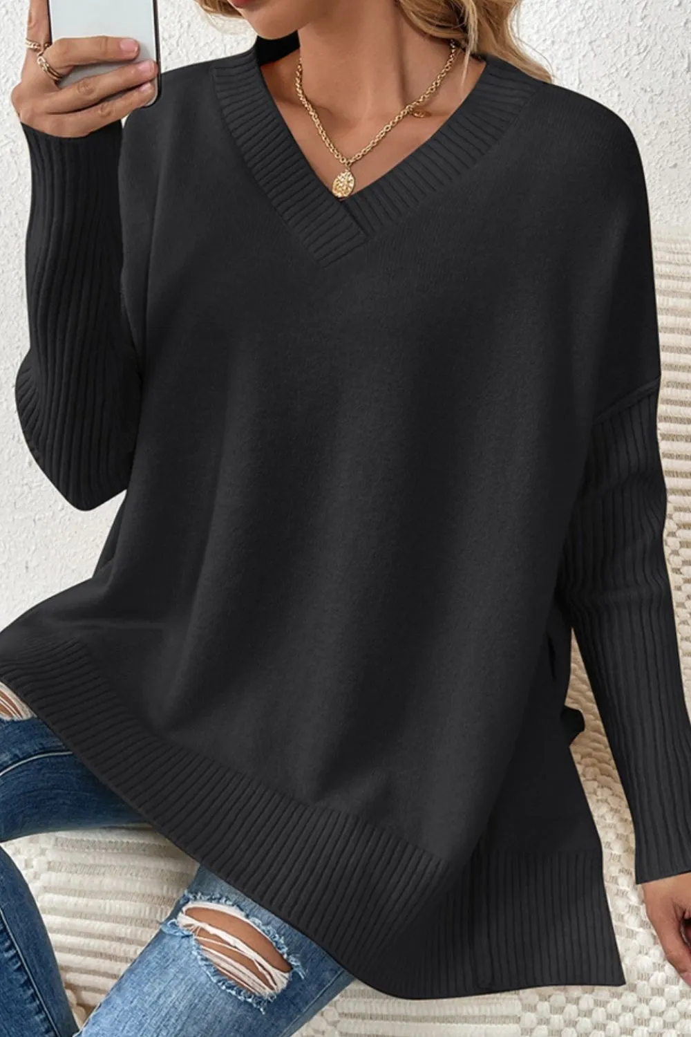 Slit V-Neck Dropped Shoulder Sweater, image 3