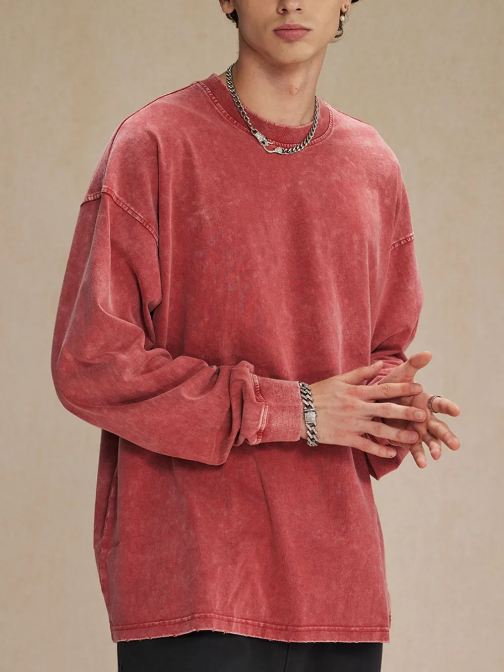 Men's Oversized Washed Round Neck T-Shirt, image 3