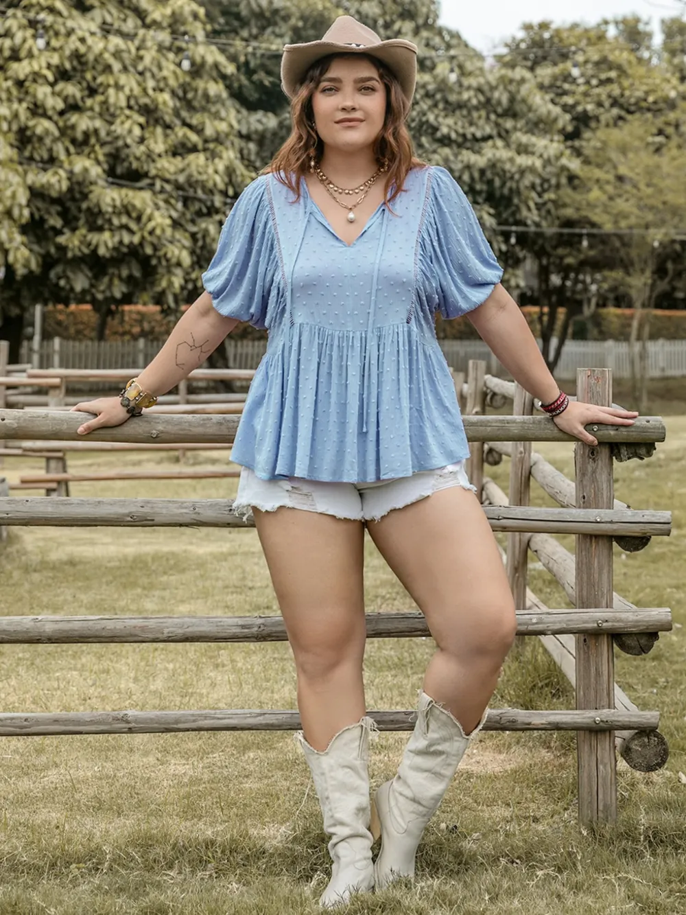 Plus Size Swiss Dot Tie Neck Short Sleeve Blouse, image 4