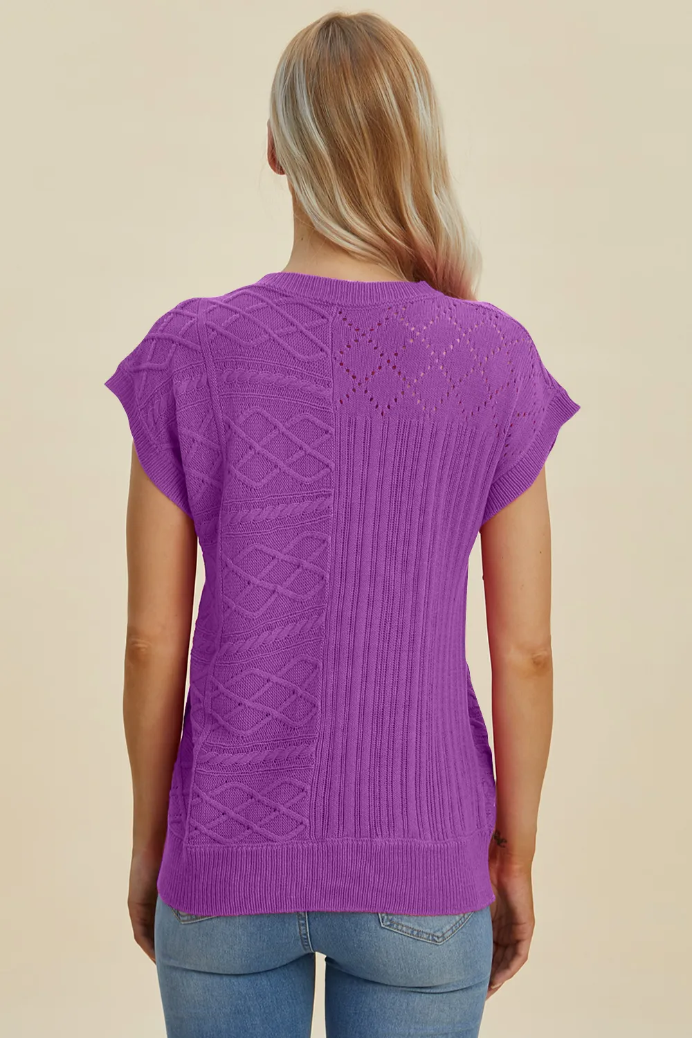 Full Size Cable-Knit Round Neck Cap Sleeve Sweater, image 24