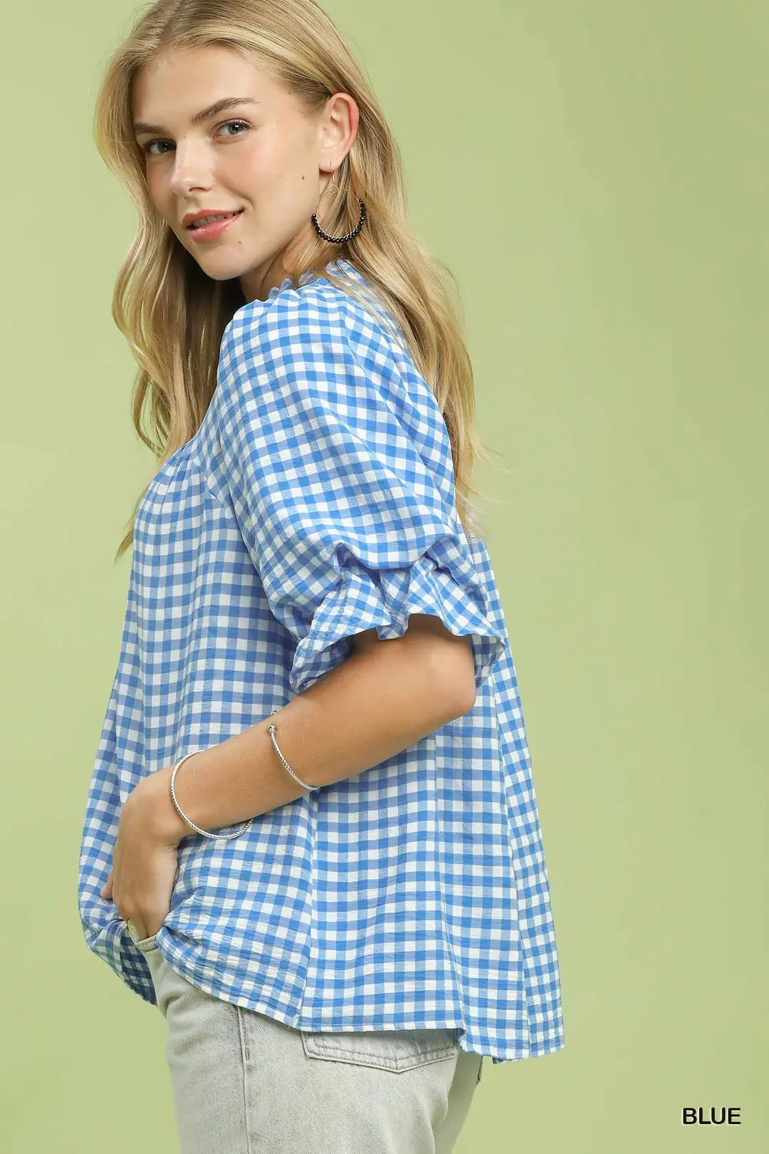 Gingham Check Blouse with Ruffle Sleeves, image 2