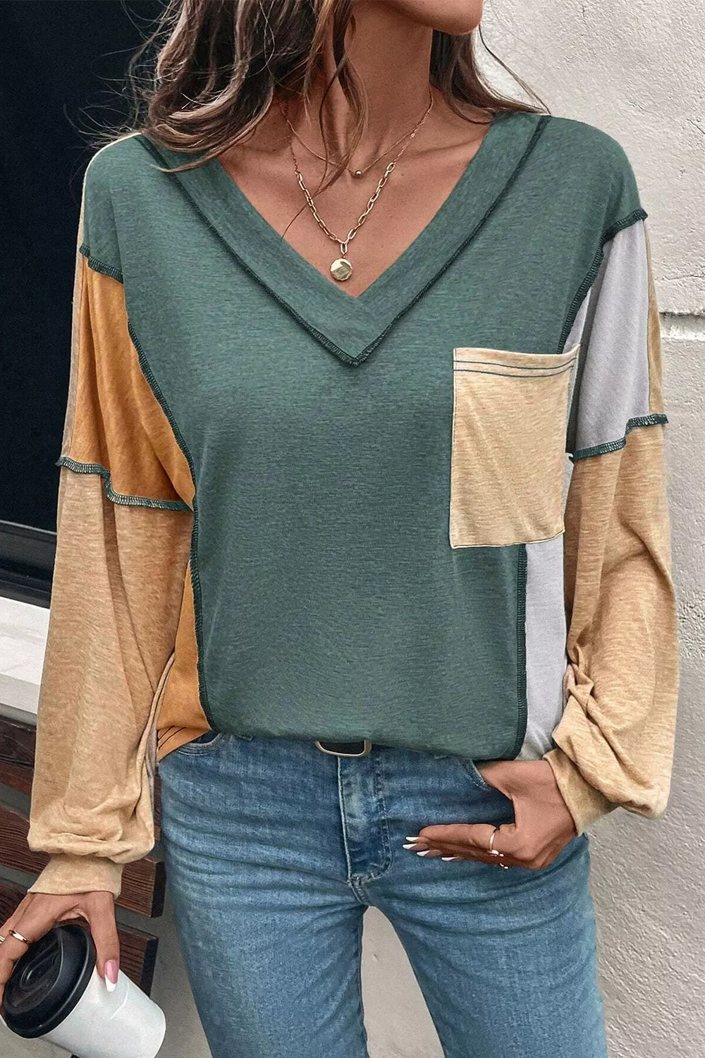 Color Block V-Neck Long Sleeve T-Shirt