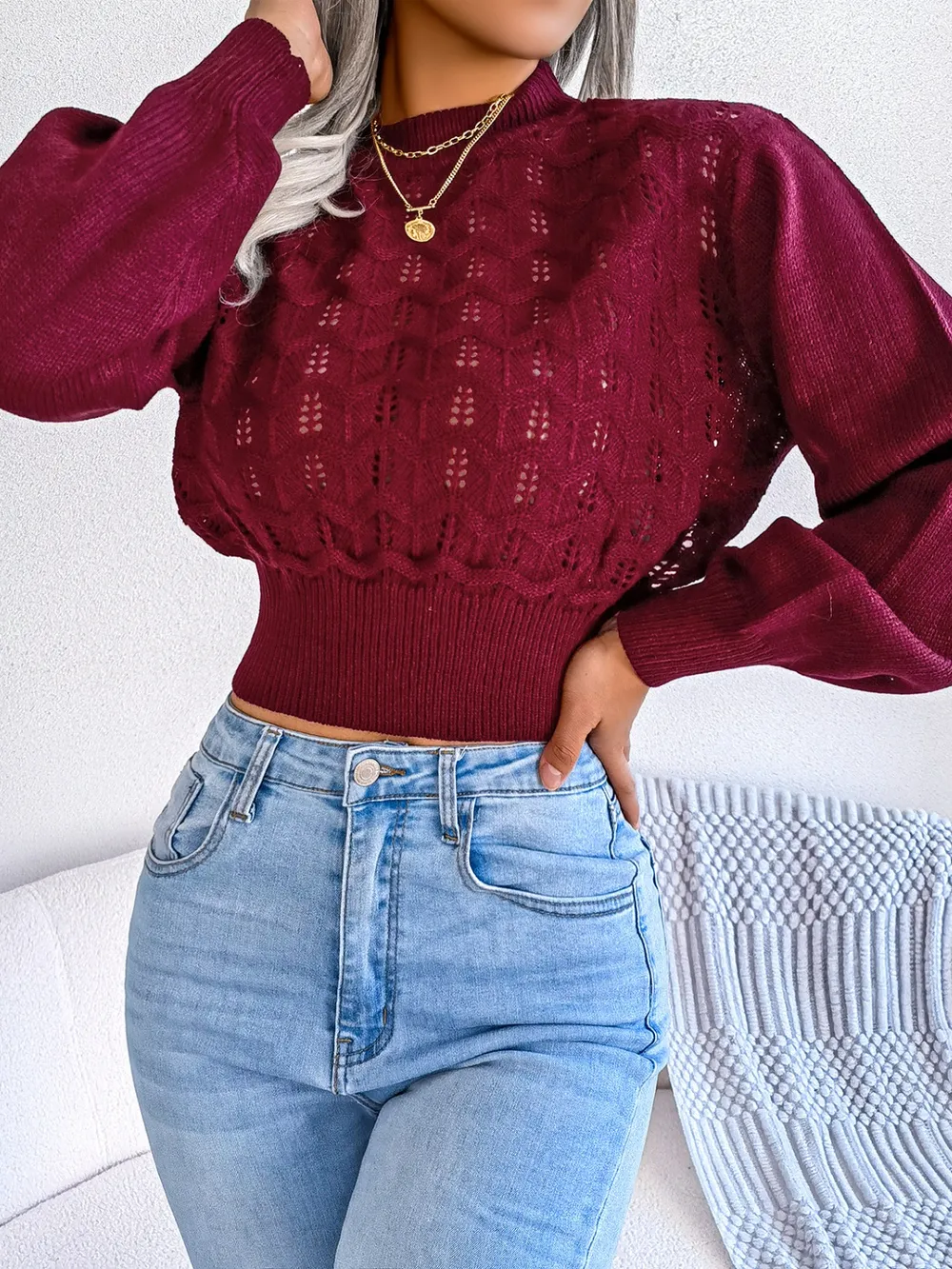 Openwork Mock Neck Long Sleeve Cropped Sweater, image 3