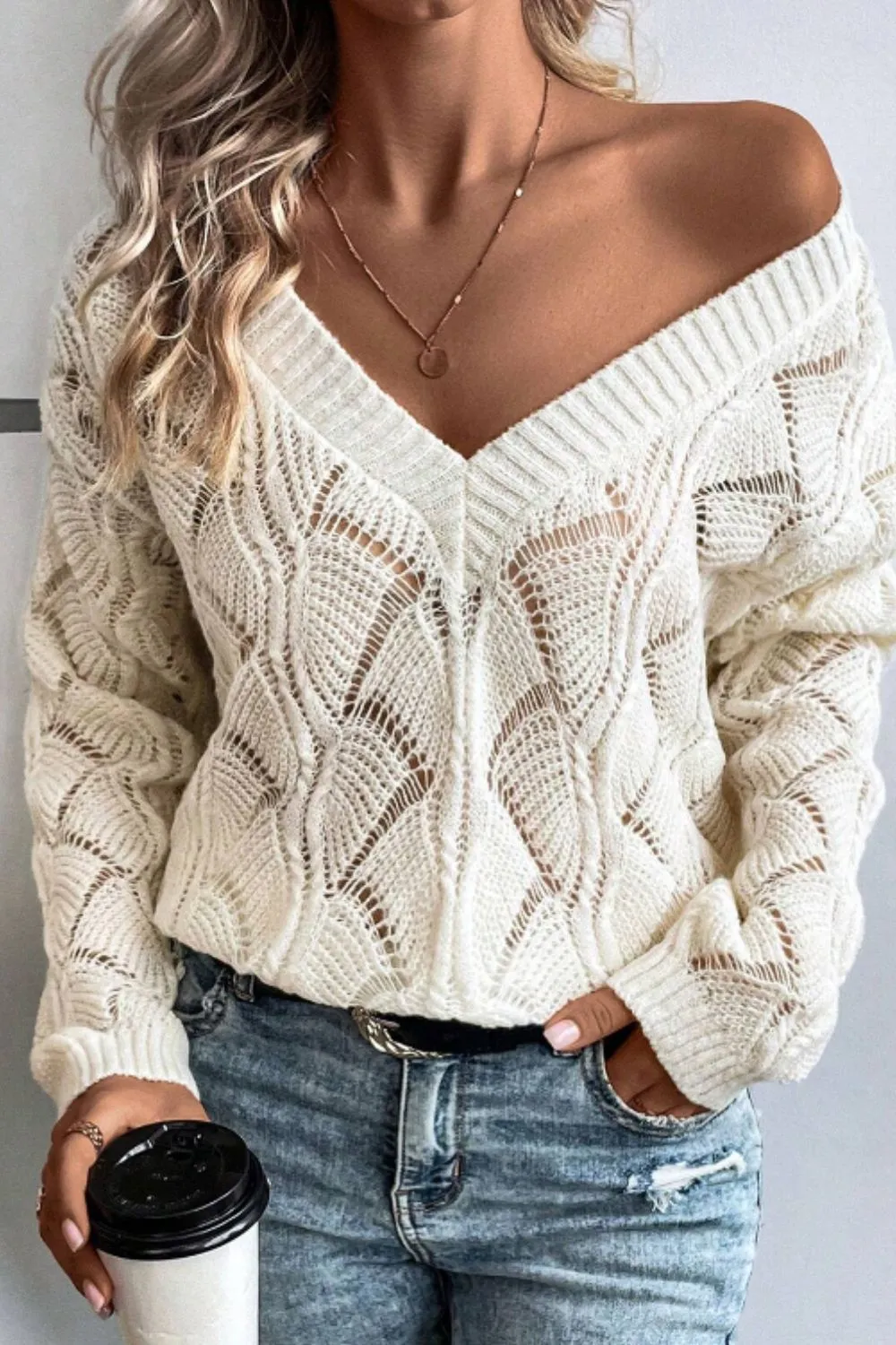 Openwork V-Neck Long Sleeve Sweater, image 3