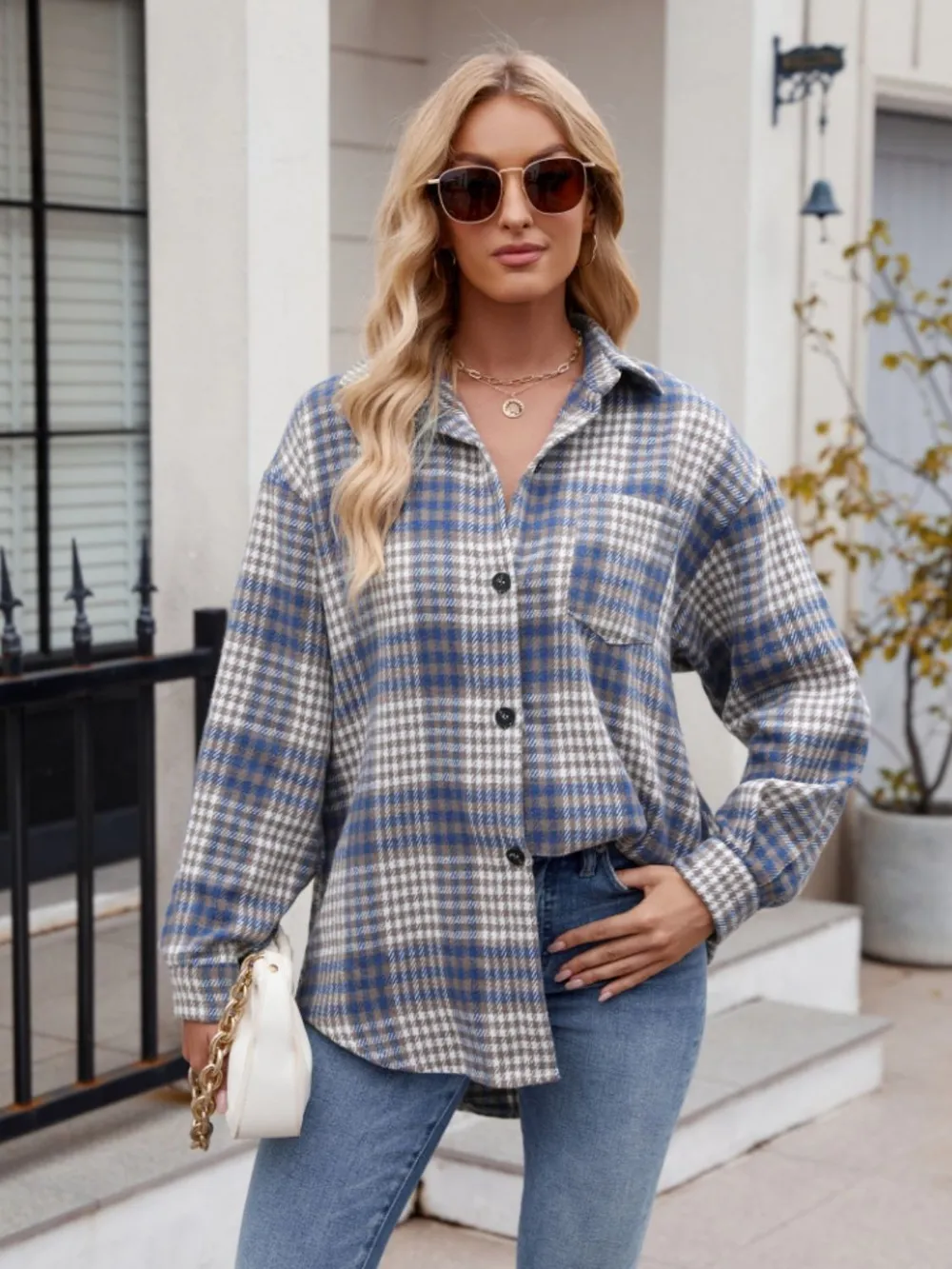 Pocketed Plaid Collared Neck Long Sleeve Shirt, image 12