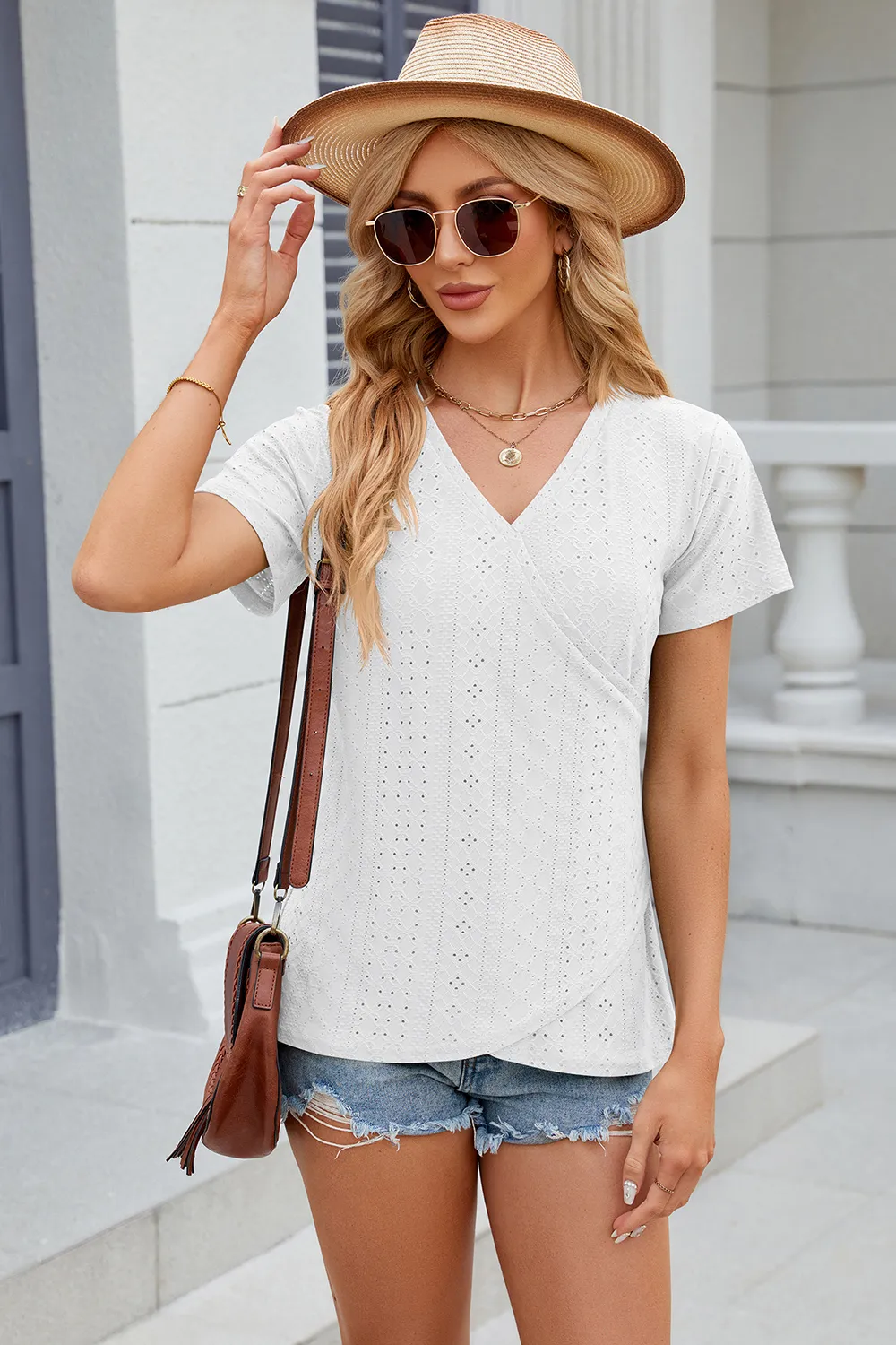 Eyelet Surplice Short Sleeve T-Shirt, image 10