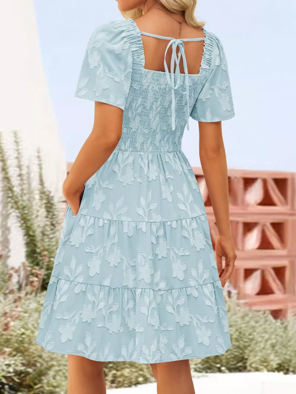 Smocked Square Neck Tiered Mini Dress, image 6