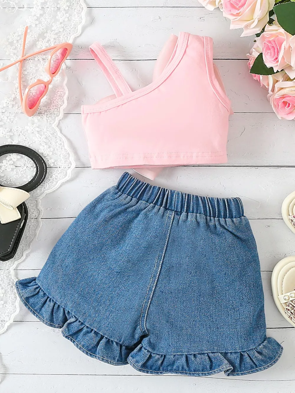 Children's Bowknot Decor Top & Ruffle Hem Denim Shorts Set, image 6
