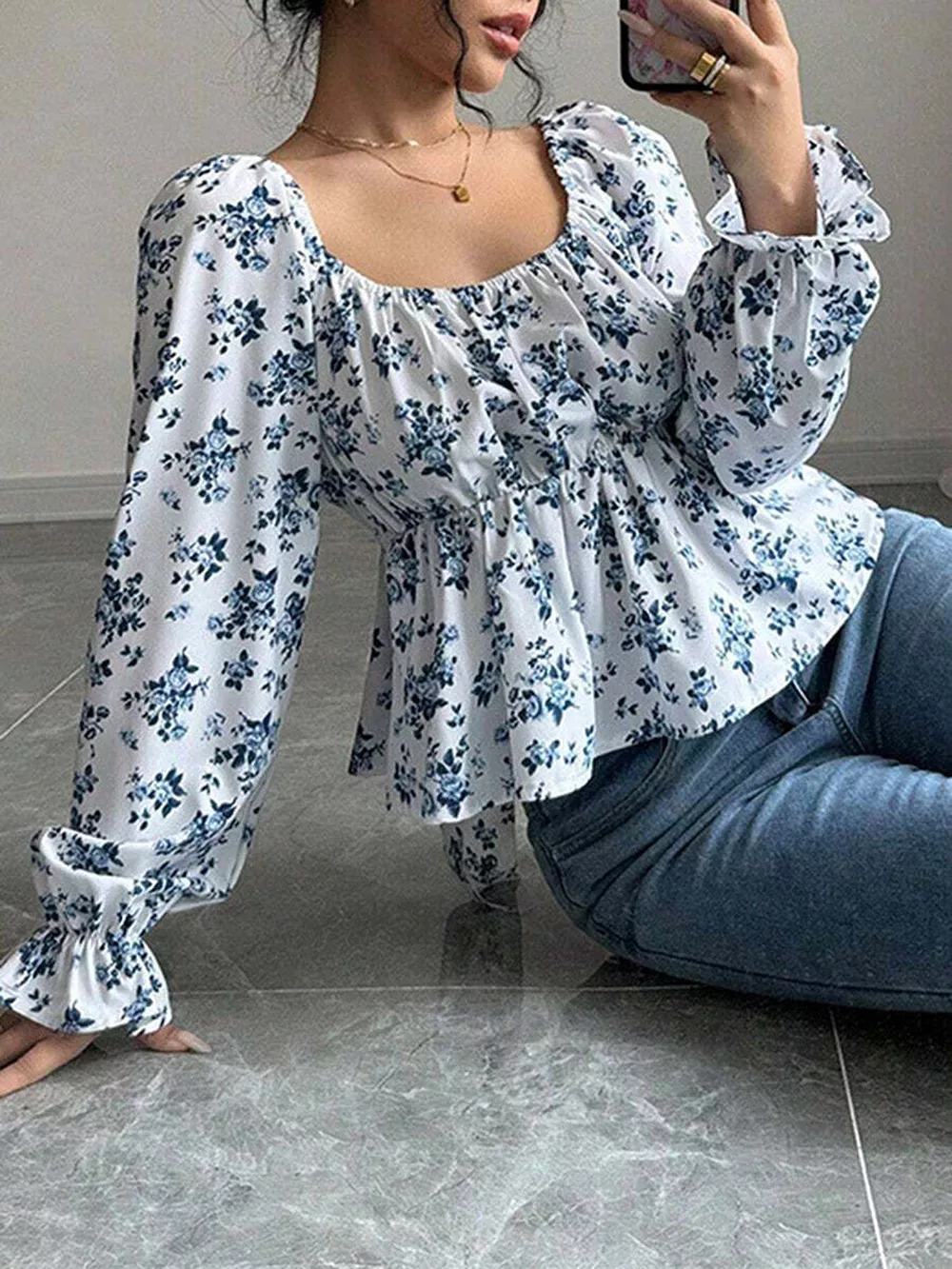 Floral Print Square Neck Peplum Blouse, image 4