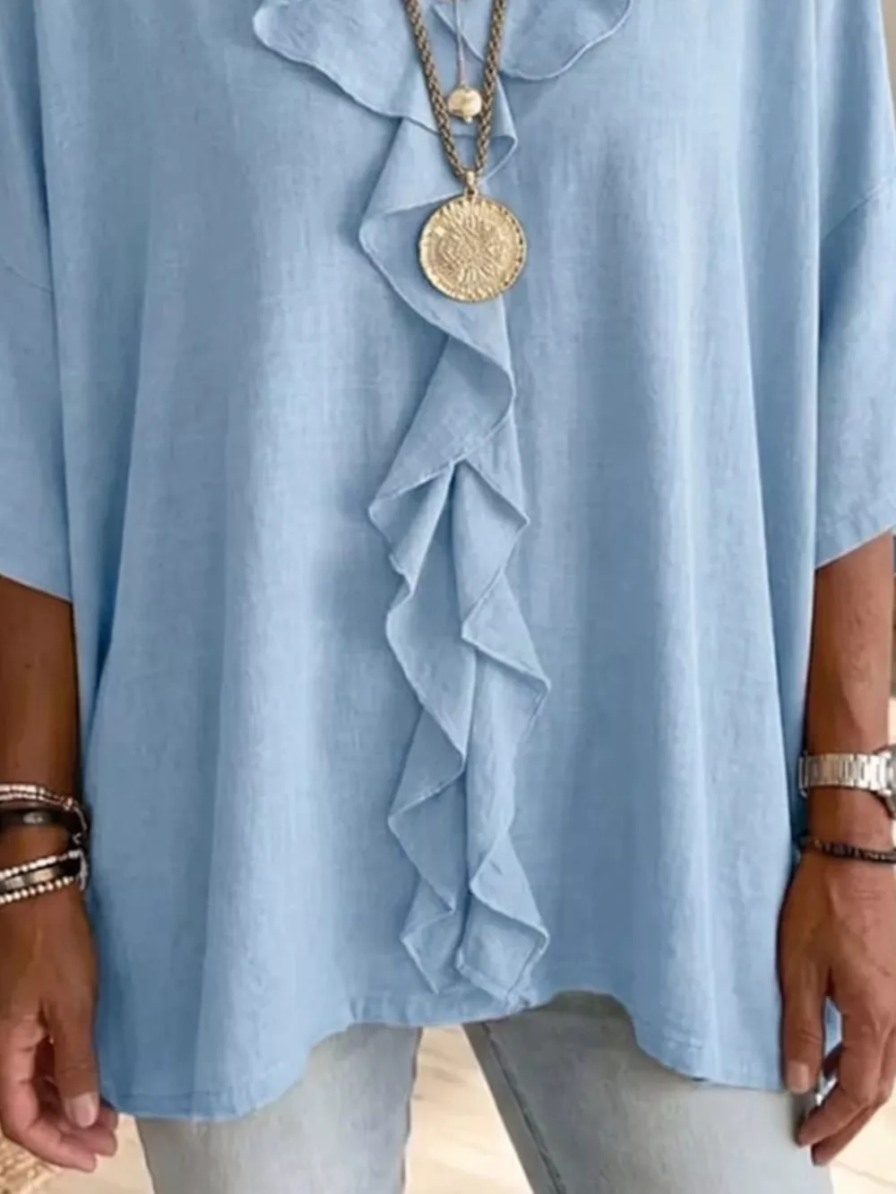 Full Size Ruffled V-Neck 3/4 Sleeve Blouse Plus Size, image 9