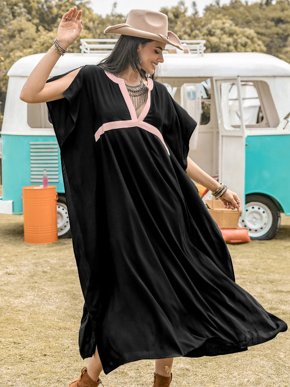 Contrast Trim Notched Slit Short Sleeve Midi Dress, image 4